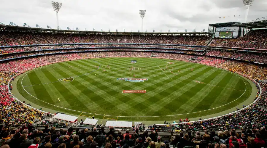 Aerial view of the MCG during a sold out AFL game. Aerial view of the MCG during a sold out AFL game.