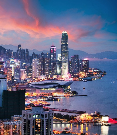 Nightscape of the skyscrapers in Hong Kong.