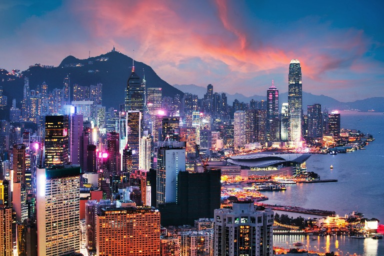 Nightscape of the skyscrapers in Hong Kong.