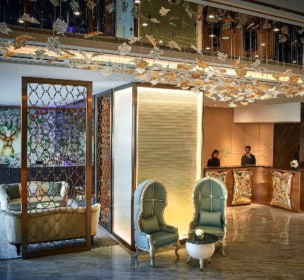 Dorsett Wanchai Lobby with illuminated lighting.