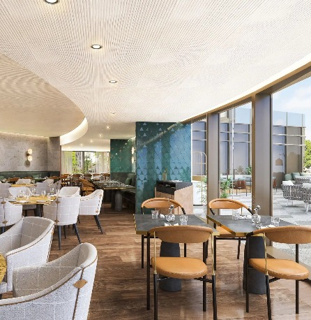 Restaurant area at Dorsett Hotel Canary Wharf London.