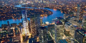 Stunning architectural panorama of London's central financial district, showcasing the vicinity of the Dorsett Hotel Canary Wharf London