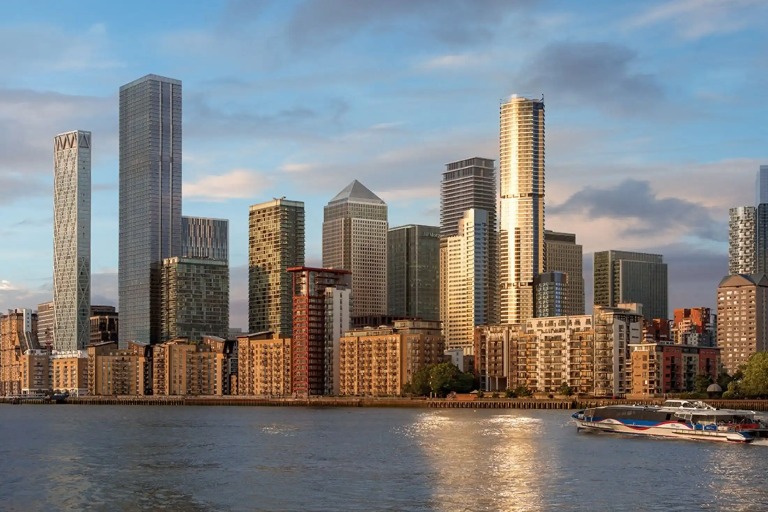 Dorsett Hotel Canary Warf exterior beside River Thames.