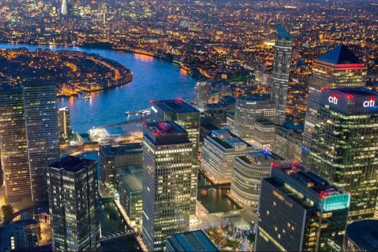 Stunning architectural panorama of London's central financial district, showcasing the vicinity of the Dorsett Hotel Canary Wharf London