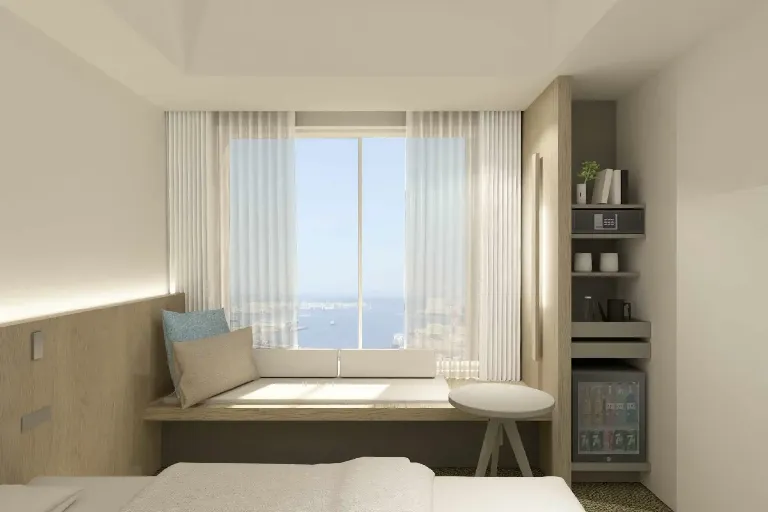 3D render of window seating area at Dorsett by Agora Osaka Sakai Hotel Room