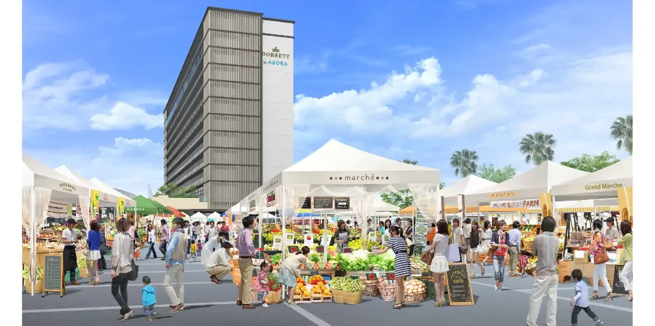 3D render of outdoor market in front of Dorsett by Agora Osaka Sakai Hotel