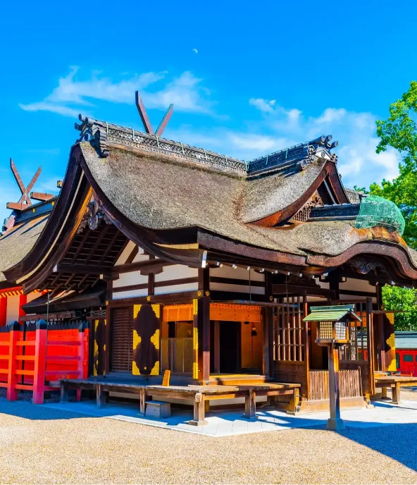 3D render of wooden pavilions and lanterns at Sumiyoshi Taisha temple in Osaka