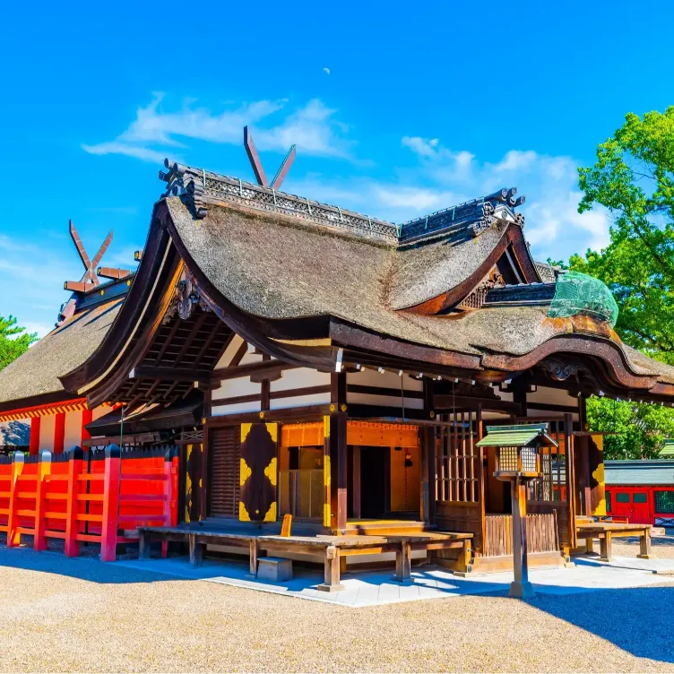 3D render of wooden pavilions and lanterns at Sumiyoshi Taisha temple in Osaka