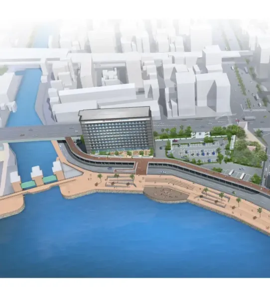 3D rendered aerial view of Dorsett by Agora hotel near historic Old Sakai Port