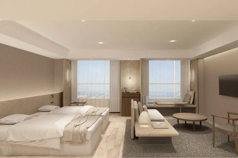 3D render of Twin bed and living area at Dorsett by Agora Osaka Sakai Hotel Room