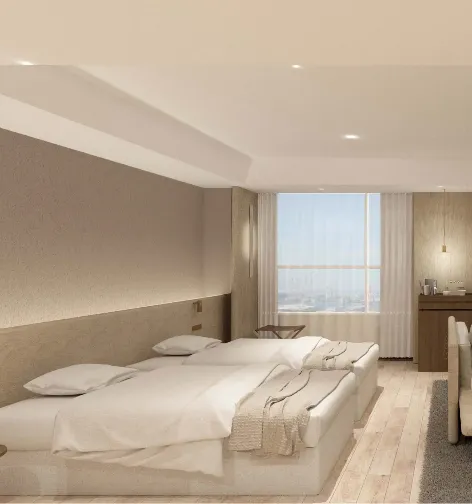 3D render of Twin bed and living area at Dorsett by Agora Osaka Sakai Hotel Room