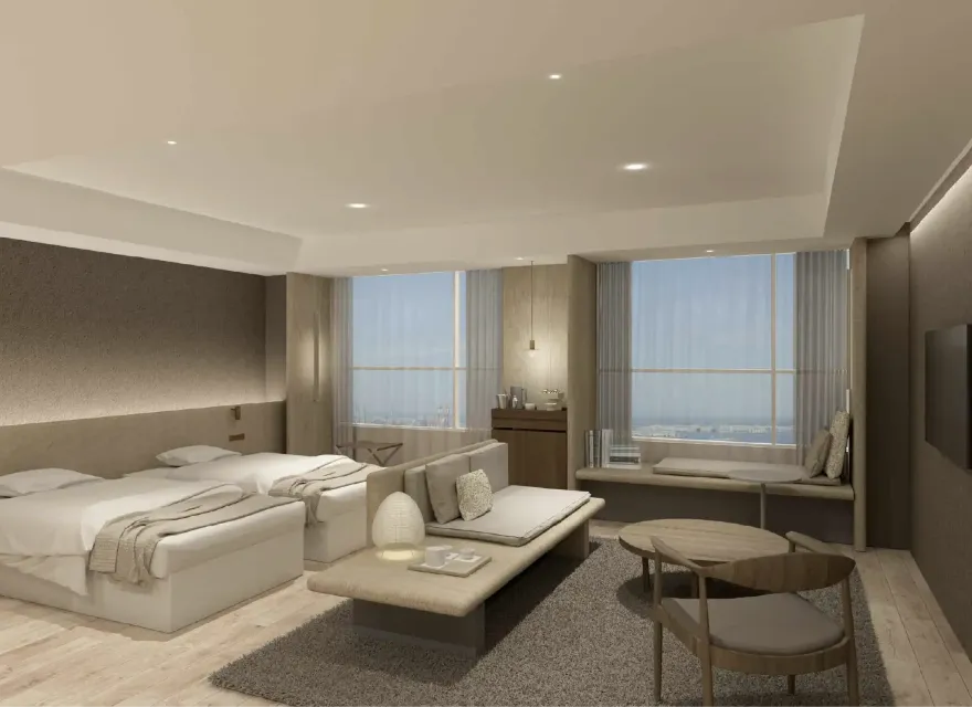 3D render of Twin bed and living area at Dorsett by Agora Osaka Sakai Hotel Room