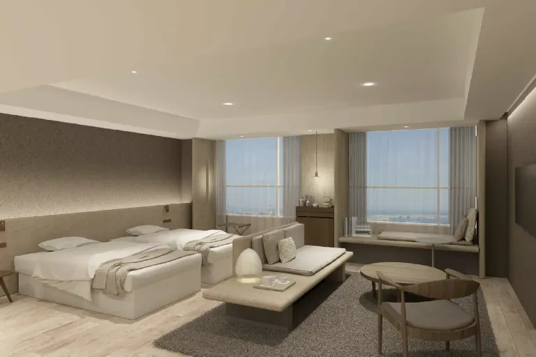 3D render of Twin bed and living area at Dorsett by Agora Osaka Sakai Hotel Room