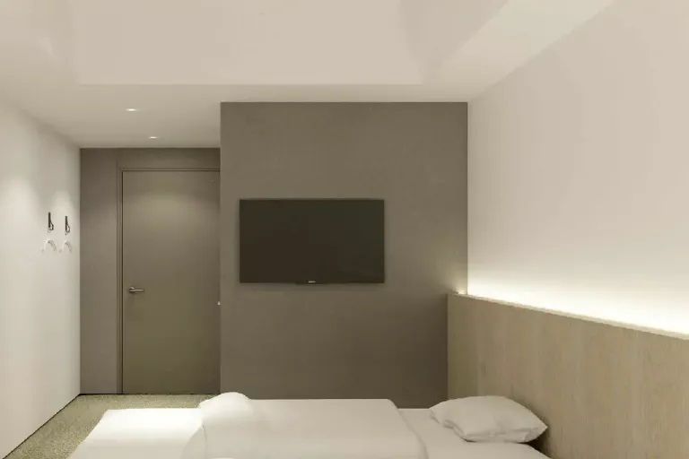 3D render of twin bed and wall TV at Dorsett by Agora Hotel Room