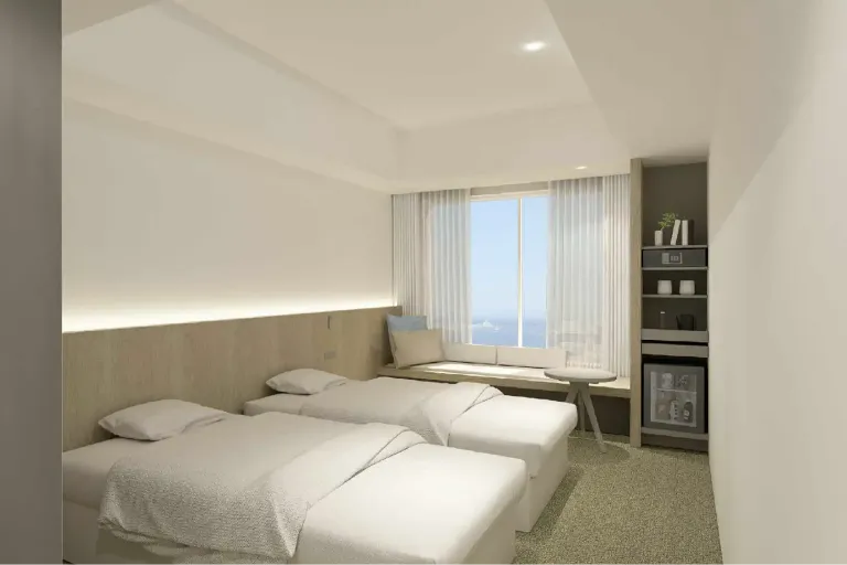 3D render of twin bed and window seating area at Dorsett by Agora Hotel Room