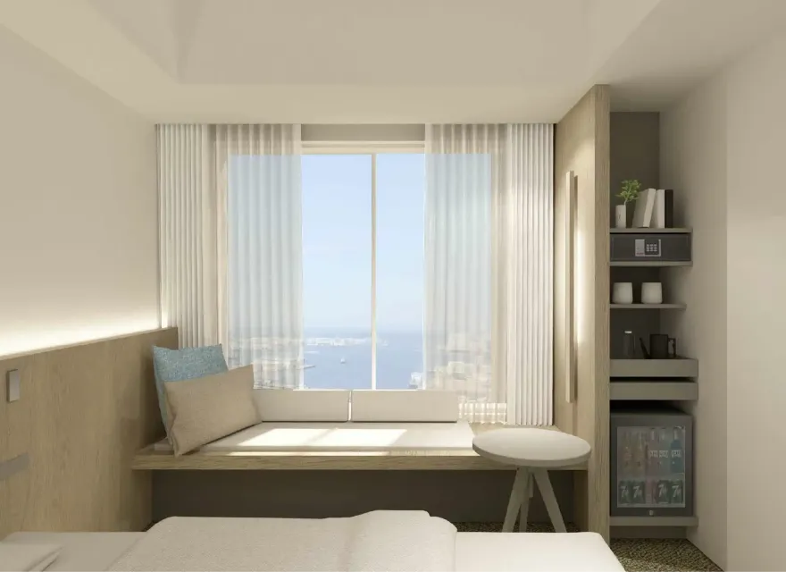 3D render of window seating area at Dorsett by Agora Osaka Sakai Hotel Room