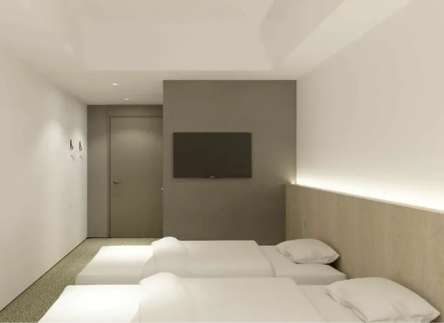 3D render of twin bed and wall TV at Dorsett by Agora Hotel Room