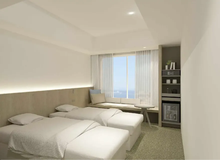 3D render of twin bed and window seating area at Dorsett by Agora Hotel Room