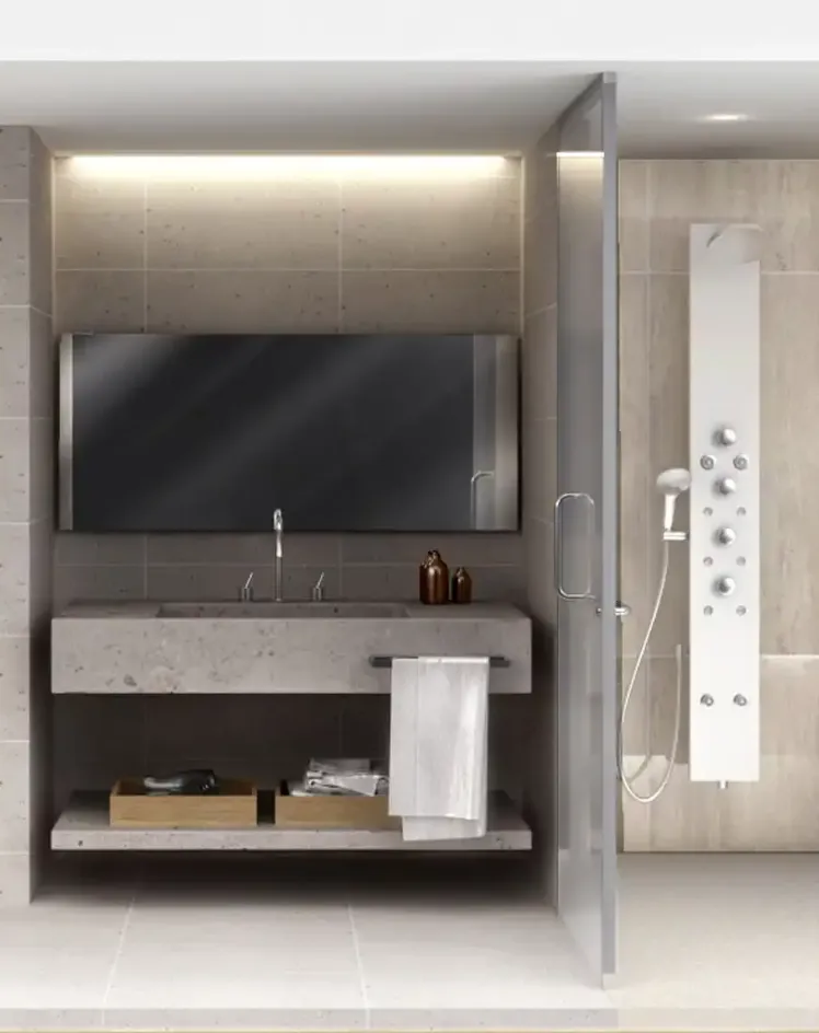 3D render of an en suite bathroom with bath amenities at Dorsett by Agora Hotel