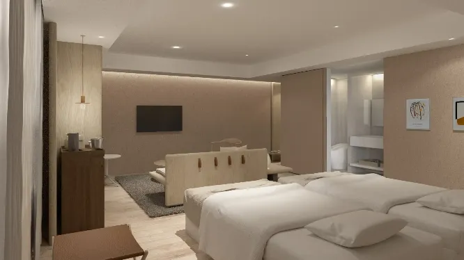 3D render of twin bed and amenities at Dorsett by Agora Osaka Sakai Hotel Room