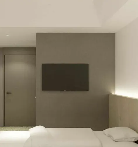 3D render of twin bed and wall TV at Dorsett by Agora Hotel Room