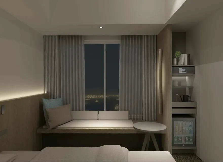 3D render night view of the window seating area at Dorsett by Agora Hotel Room