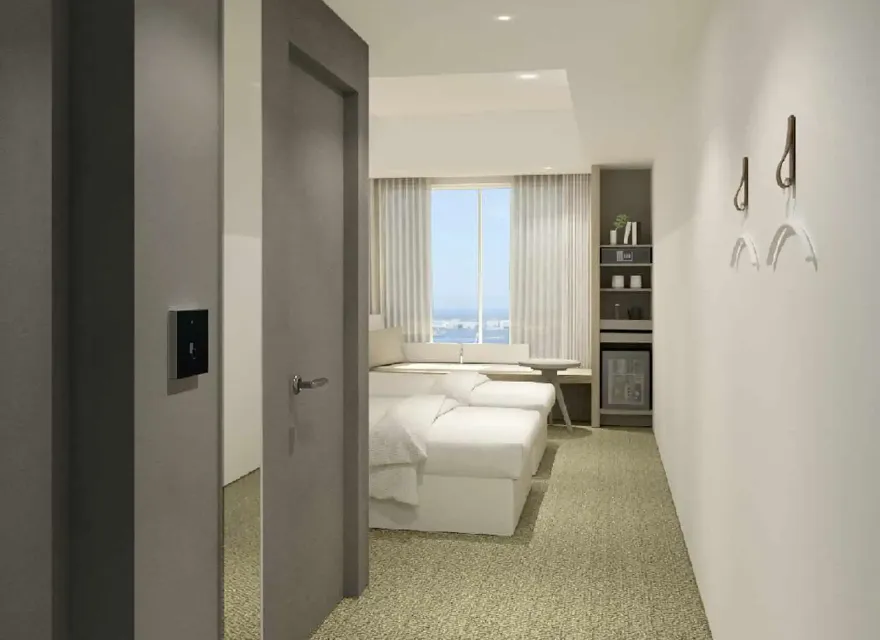 3D render of Dorsett by Agora Hotel Room with twin beds and wall-mounted clothing hangers