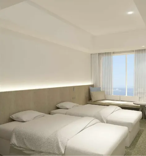 3D render of twin bed and window seating area at Dorsett by Agora Hotel Room