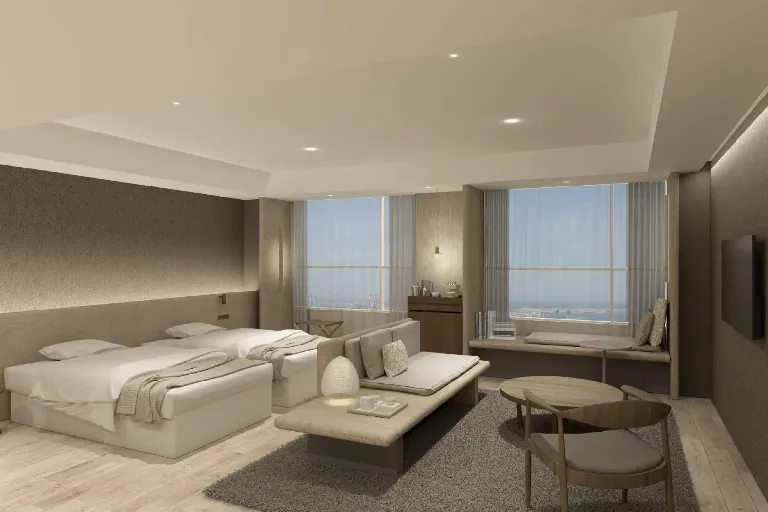 3D render of Twin bed and living area at Dorsett by Agora Osaka Sakai Hotel Room