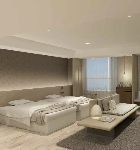 3D render of Twin bed and living area at Dorsett by Agora Osaka Sakai Hotel Room