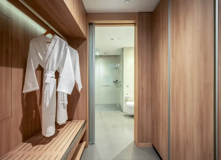 A wooden wardrobe in the Deluxe Room, Changi Singapore.