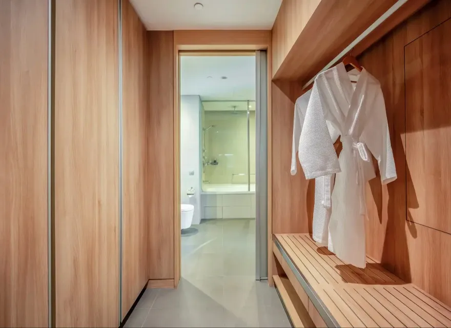 A wooden wardrobe in the Splash Room, Changi Singapore.