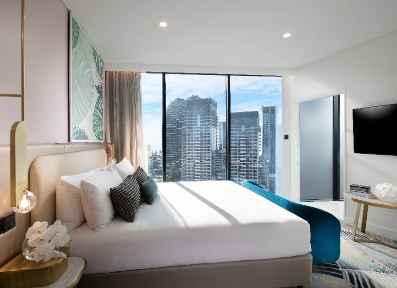 A bed in the Standard King Room at Dorsett Gold Coast