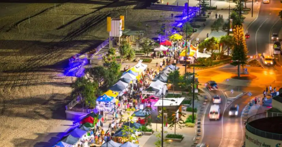 Aerial view of a bustling Christmas market on the Gold Coast