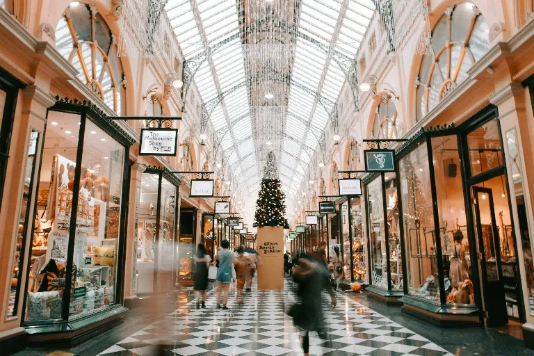 Christmas-decorated shopping aisle, Melbourne