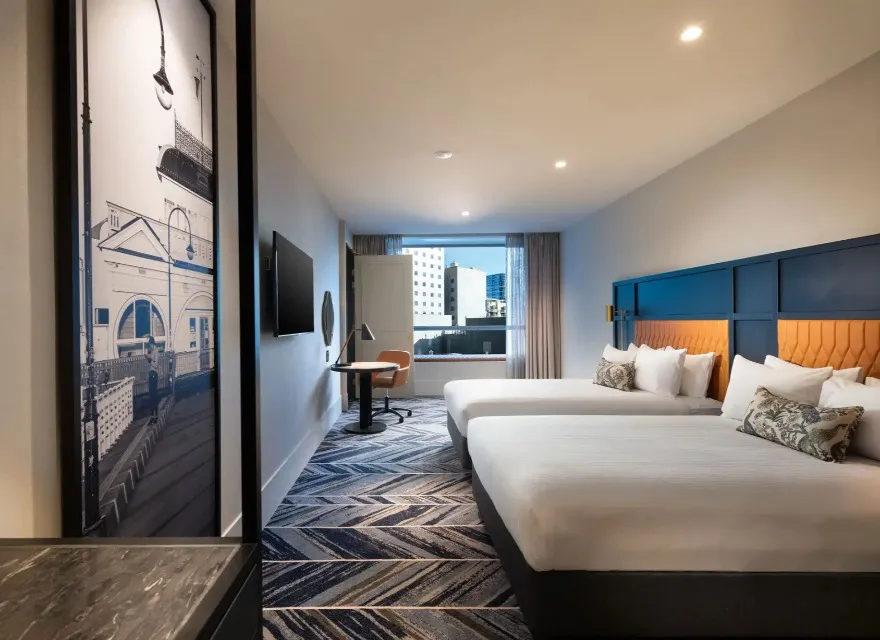 City-view twin beds at Dorsett Melbourne Deluxe Room