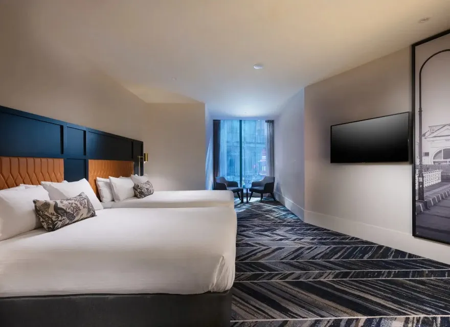 City-view double beds in Dorsett Melbourne Diva Garden Suite