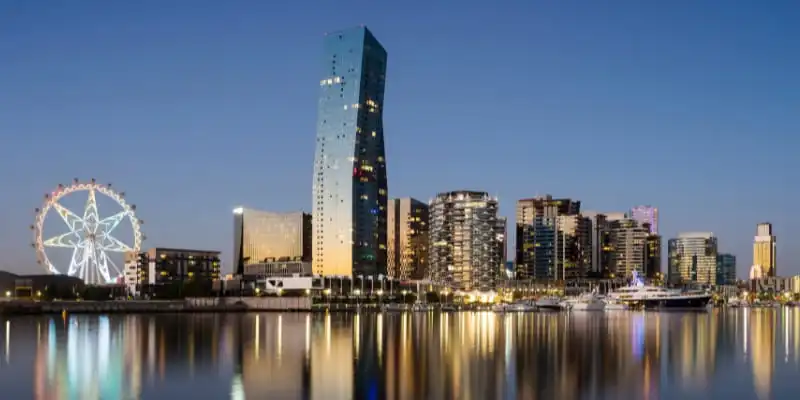 Melbourne Docklands and city skyline at night