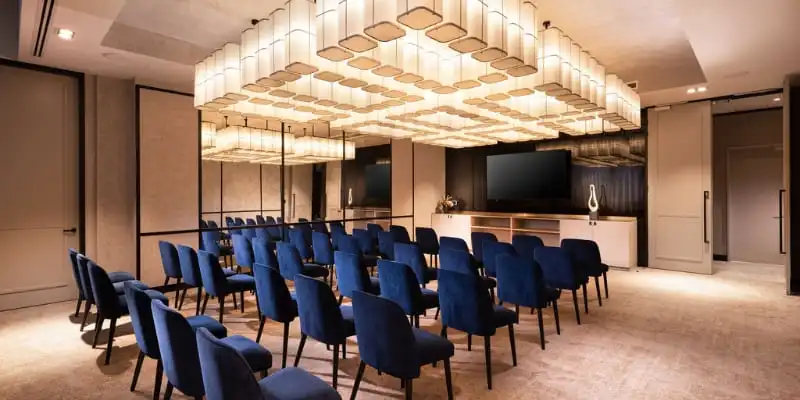 Theatre-style conference venue with blue seating