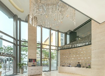 Lobby area of Dorsett Mongkok Hotel in Hong Kong. 