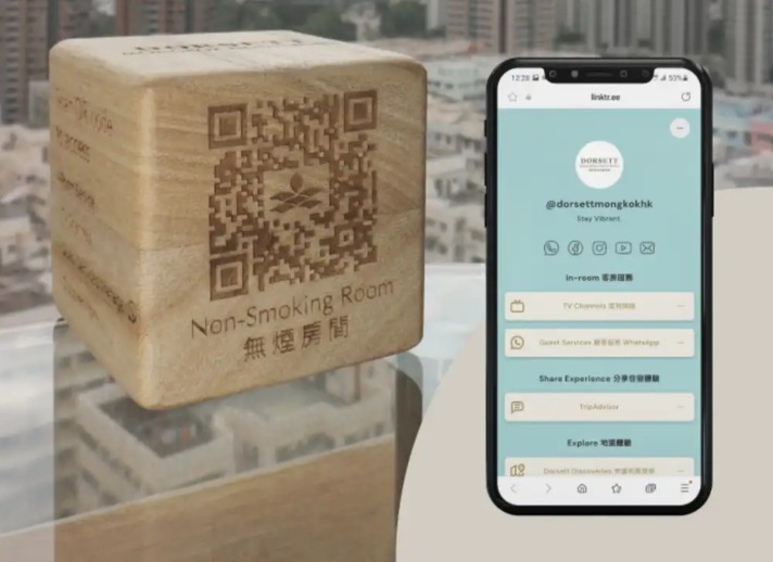 Eco-friendly wooden QR cube at Dorsett Mongkok