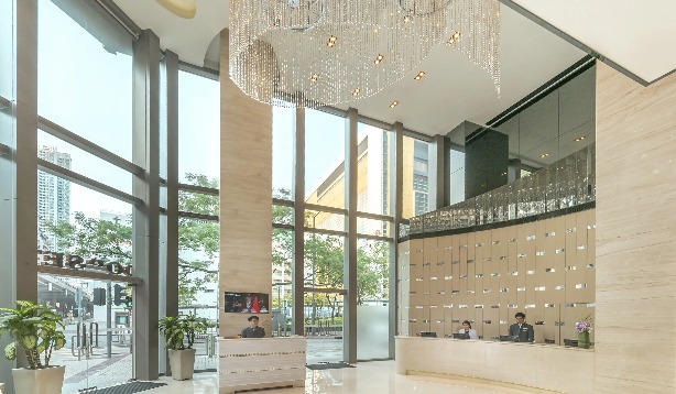 Lobby area of Dorsett Mongkok Hotel in Hong Kong. 