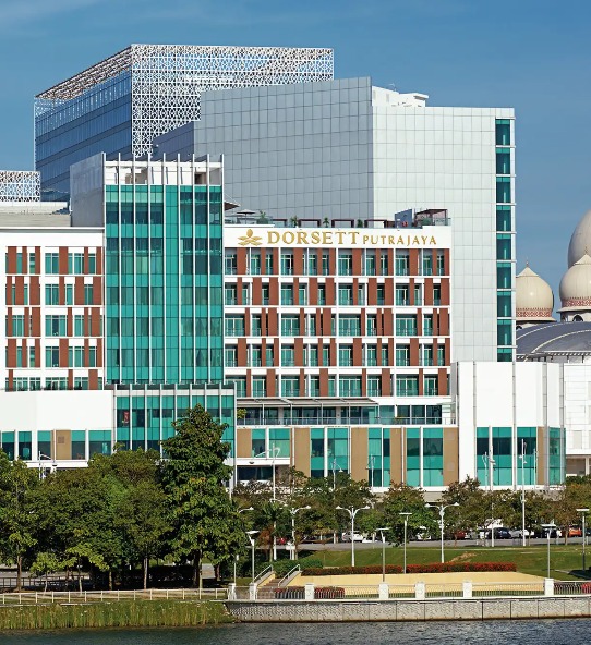 Facade of Dorsett Putrajaya with hotel logo.