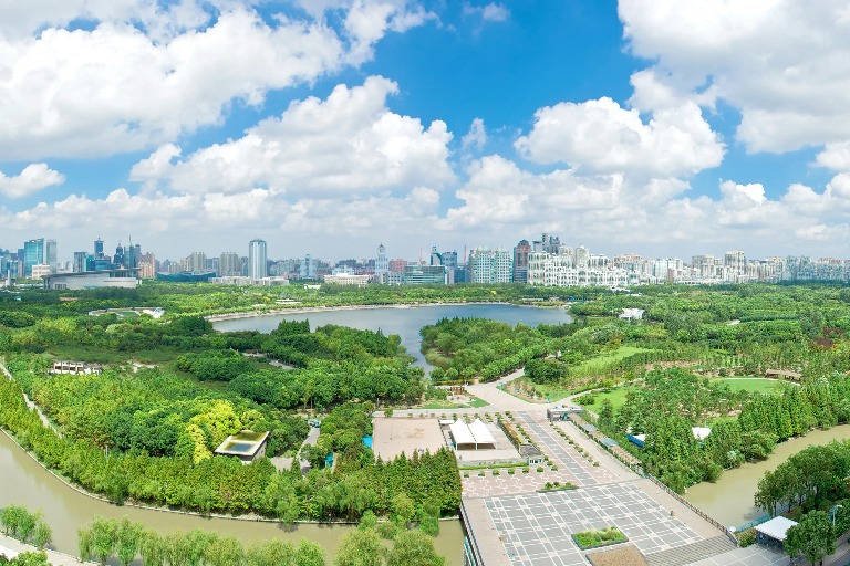 Century Park with a waterfront and is surrounded by trees.