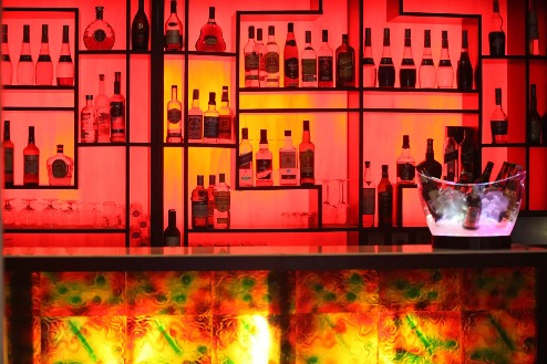 Beer and the bottle shelf in the Fengshui bar at Dorsett Shanghai.