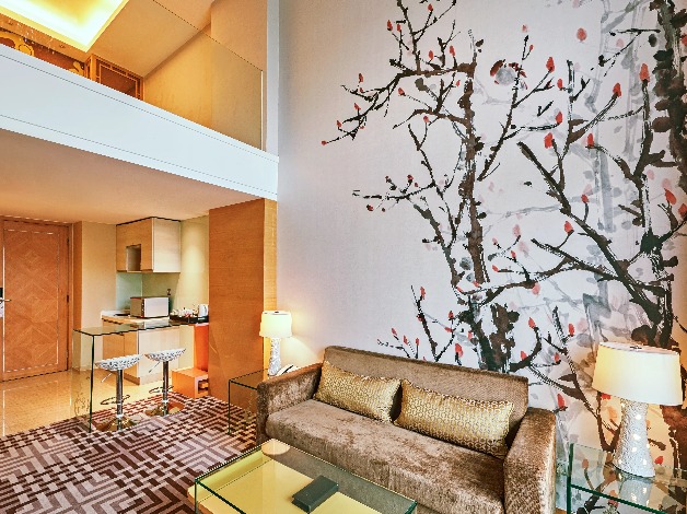 Sofa by the kitchenette in the Dorsett Shanghai Loft Suite.