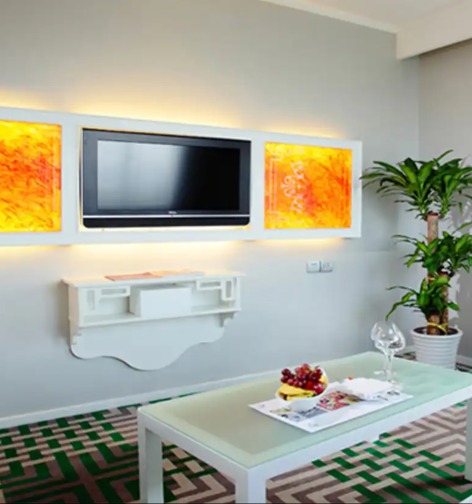 TV, coffee table and champagne cooler in the Deluxe Park View Suite.