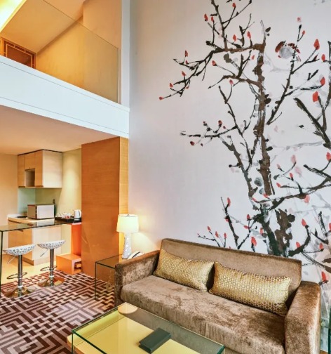 Sofa by the kitchenette in the Dorsett Shanghai Loft Suite.