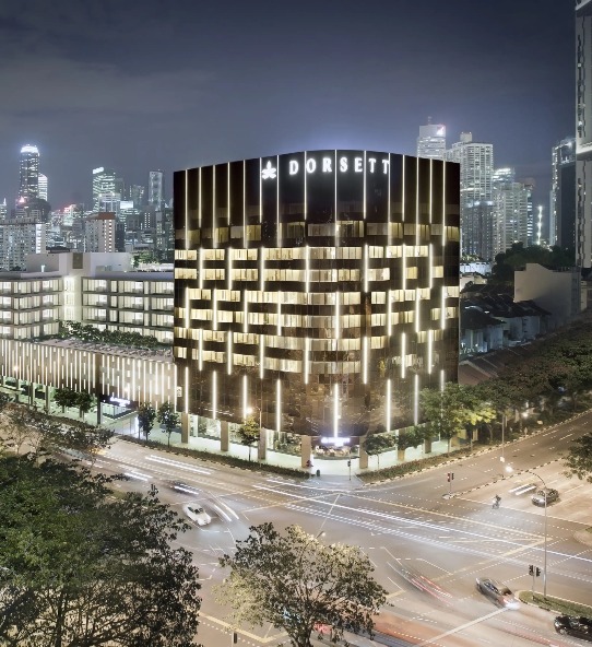 A nighttime cityscape view of Dorsett Singapore Hotel in Chinatown.