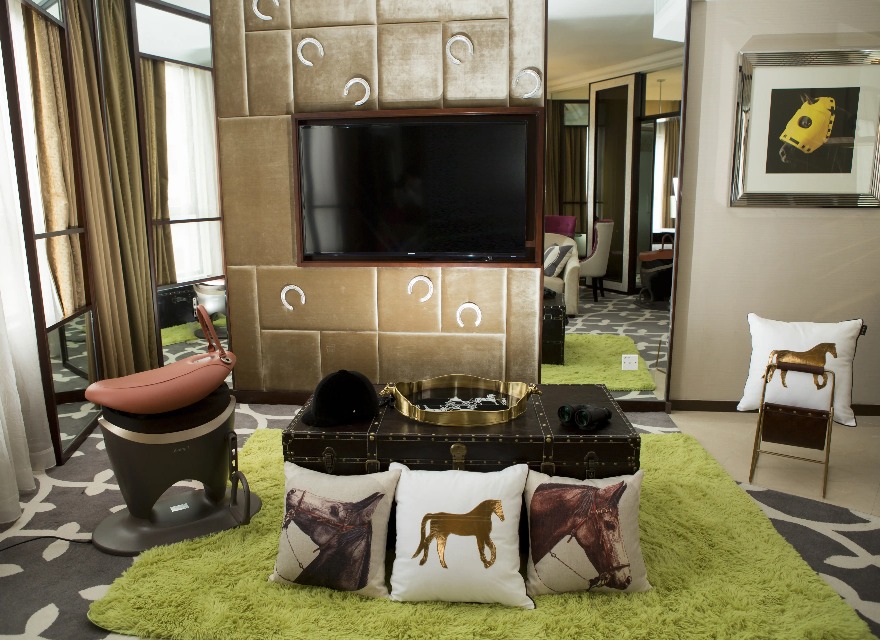 Interior of Jockey Suite at Dorsett Wanchai with horse themed decor